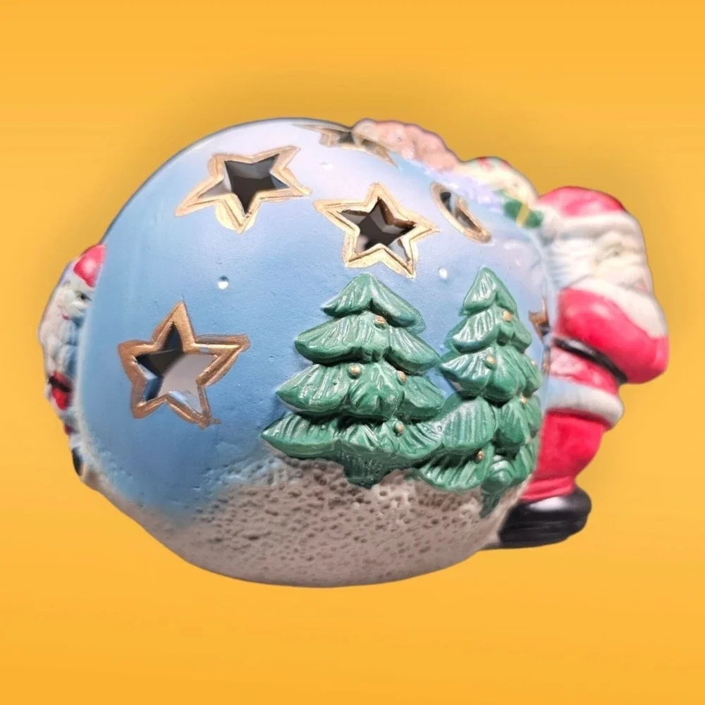 Vintage‎ Santa With Sack Bag Presents Ceramic Votive Holder Trees Stars Toys